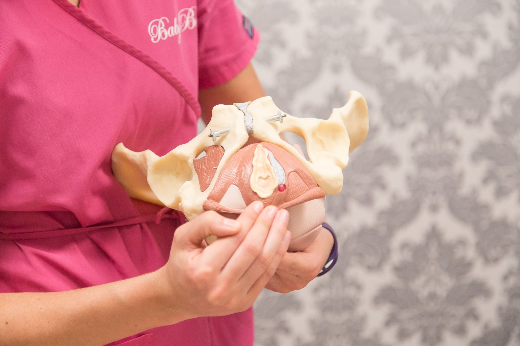 Una de nuestras fisioterapeutas explicando el masaje perineal con un modelo anatómico